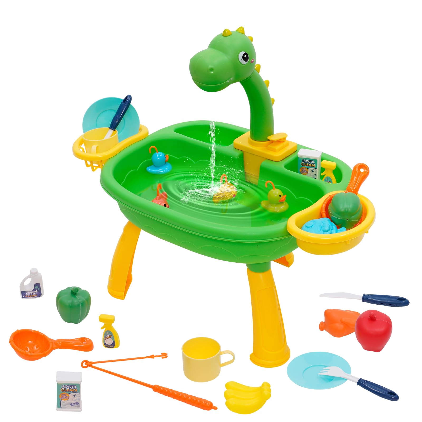 Siairo Pretend Wash-up Kitchen Sink Play Set,Kitchen Sink Toys with Tableware Accessories Water Circulation System and Dinosaur Tap,Educational Party Activity Toy Set for Girls Boys
