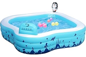 SEBOR Inflatable Swimming Pool, Kids Pool with Sprinkler, 97" X 90" X 20" Full-Sized Family Blow Up Pools, Above Ground Backyard Pool with Seat, Summer Water Center for Age 3+(Blue)