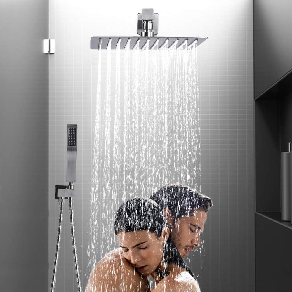 Rugus Shower System，Luxury Rain Mixer Shower Tub Spout Combo Set Wall Mounted Rainfall Shower Head System，10 Inch Square Rain Shower Head, Brushed Nickel Shower faucet rough-in valve body and trim - - 