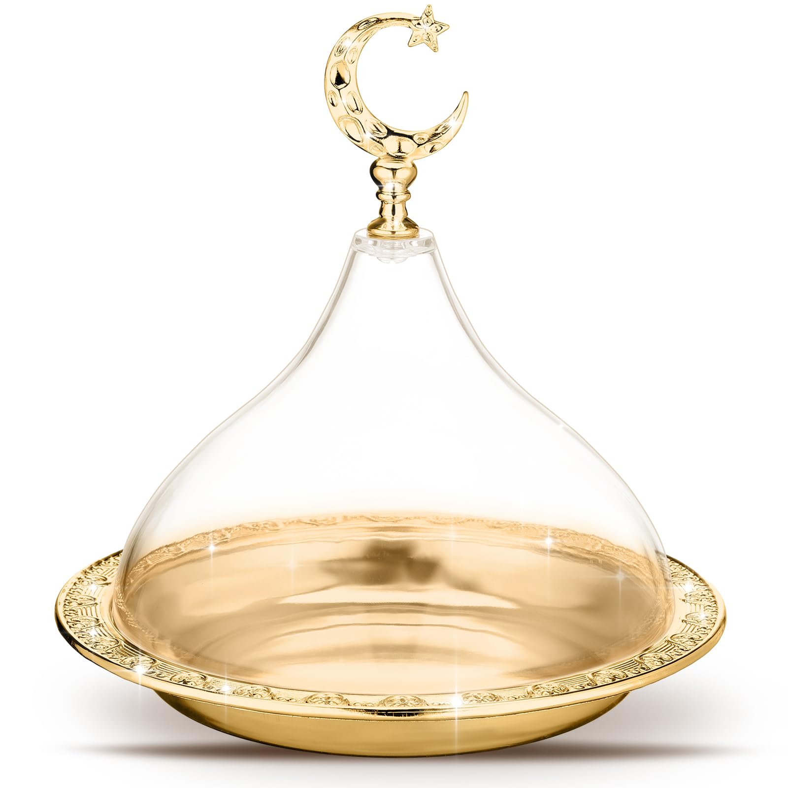 Photo 1 of Potchen 1 Pcs Ramadan Tray Decor Eid Mubarak Date Holder with Clear Dome Lid Mardi Gras Serving Tray 6.69" Metal Gold Eid Al-fitr Dessert Container for Nuts Baklava Samosa Halva Candies Cookies
