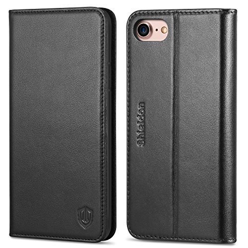 iPhone 8 Case, iPhone 7 Case, SHIELDON iPhone 7 Wallet Case Genuine Leather Premium [Card Holder] [Book Design] Magnetic Closure Stand Flip Protective Cover Case for Apple iPhone 8/iPhone 7 - Black