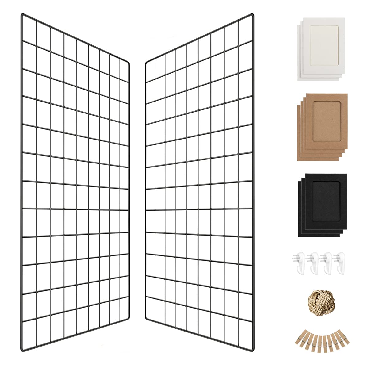 Wall Photo Grid Shelf, Wall Hanging Ins Art Display Grid Panel for Decor & Storage, Metal Wire Notice Boards & Memo Board, Mesh Tool Organiser, Wall Photo Frame 2 Pcs (Black, 25.6 x 17.7 inches)