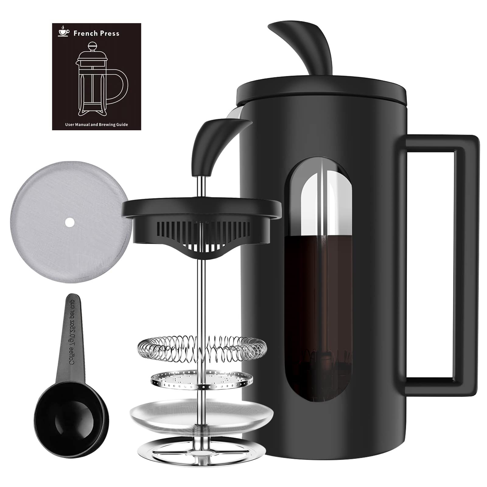 BOMPCAFE 2-4 Cups Cafetiere French Press Coffee Maker - 600ML - 4 Level Filtration System, Heat Resistant Borosilicate Glass with Stainless Steel Filter, 21 oz/600 ML