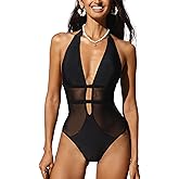 CUPSHE Women's One Piece Swimsuit Bathing Suit Deep V Neck Halter Back Tie Mesh Swimwear