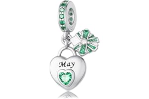 HappyStar 925 Sterling Silver Happy Birthday Bead Charm Love Heart Shape Birthstone Charms for Bracelets Dangle Pendant with 