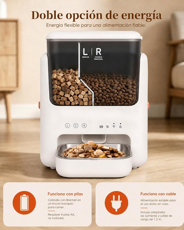 Alimentador Automático para Gatos, Comedero Inteligente para Mascotas con App, Capacidad 2L+3L, Dispensador de Pienso Seco, Temporizador, Registro y Cuenco Inoxidable