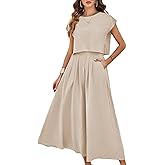 Mingzhu Womens 2 Piece Outfits Skirt Set Summer Casual Cap Sleeve Crop Tops Maxi Dress Sets with Pockets
