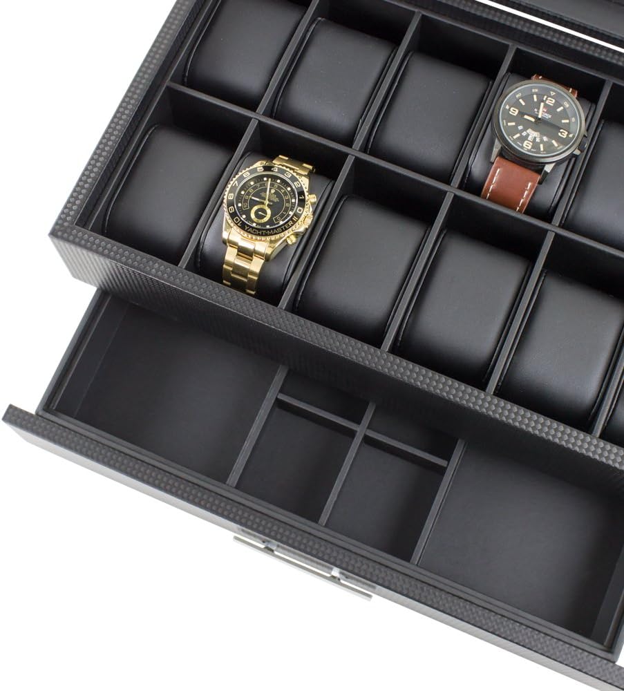 Glenor Co Watch Box with Valet Drawer for Men - 12 Slot Luxury Watch Case Display Organizer, Carbon Fiber Design - Metal Buckle for Mens Jewelry Watches, Men's Storage Boxes Holder has Large Glass Top: Home & Kitchen