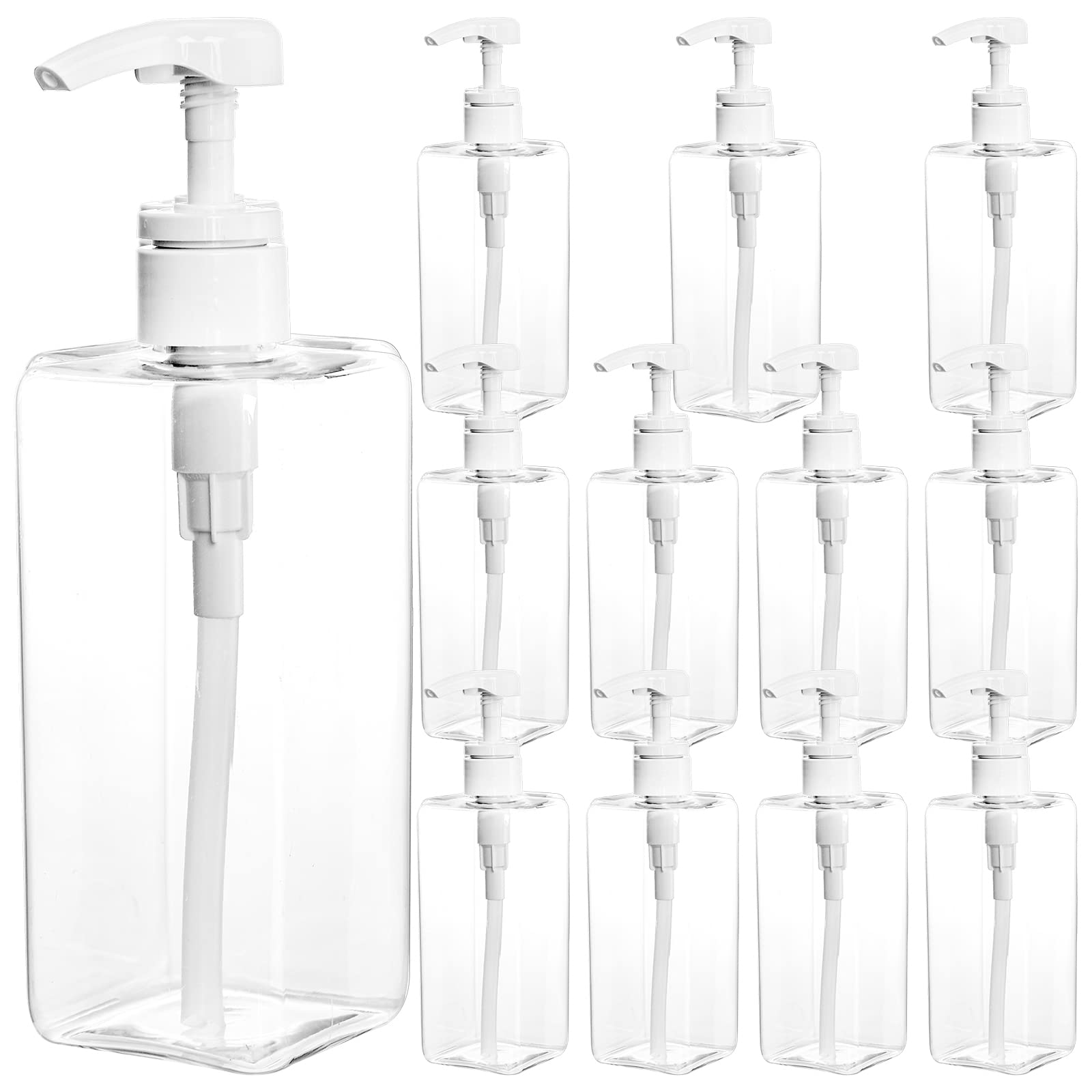 Okllen 12 Pack 500 ML Plastic Pump Bottles, Empty Refillable Container Liquid Soap Dispenser for Shampoo, Lotion, Cleaning Products, Kitchen, Bathroom, Clear Square