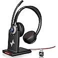 JIAMQISHI Wireless Headset with AI Noise Cancelling Microphone Bluetooth Headset - Bluetooth V5.2 Headphones with USB Dongle, Charging Base & Mic Mute for Computer/Laptop/PC/iPhone/Android/Cell Phones