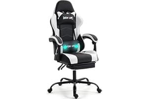WENTUM Gaming Chair with Footrest for Adults - PU Leather Video Game Chair w/Massage Lumbar Support for Men Women, Ernogomic Computer Gamer Chair for Home Office, Height Adjustable, White