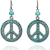Vintage Copper and Bronze Green Peace Sign Symbol Dangle Drop Earrings for Women Jewelry