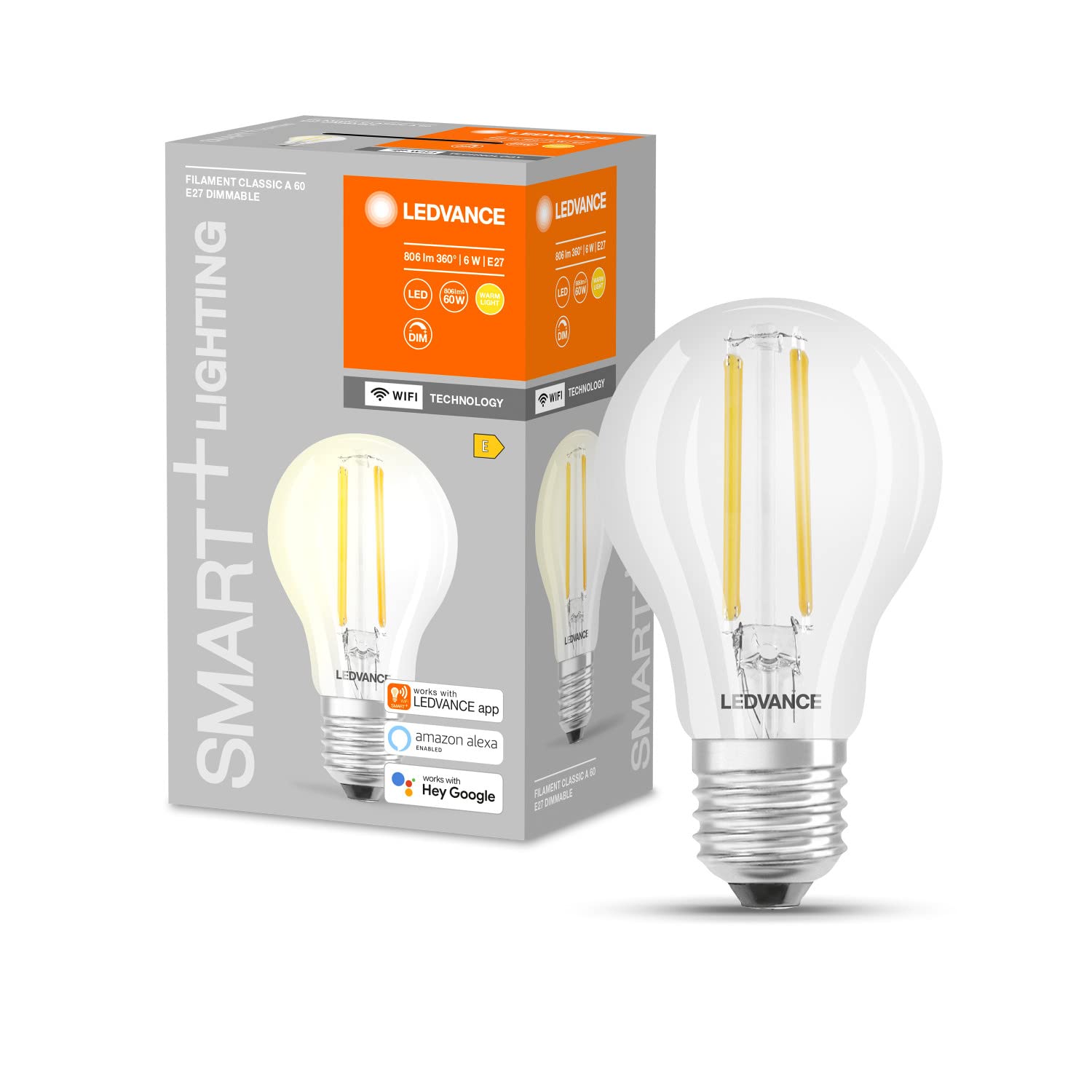 LEDVANCE Smart LEDLamp with WiFi Technology, Base: E27, Di mmable, Warm White (2700K), Replaces Incandescent Lamps with 60 W, Compatible with Google and Alexa, SMART+ WiFi Classic Di mmable, Pack Of 2, SMART+ Filament Classic Dimmable