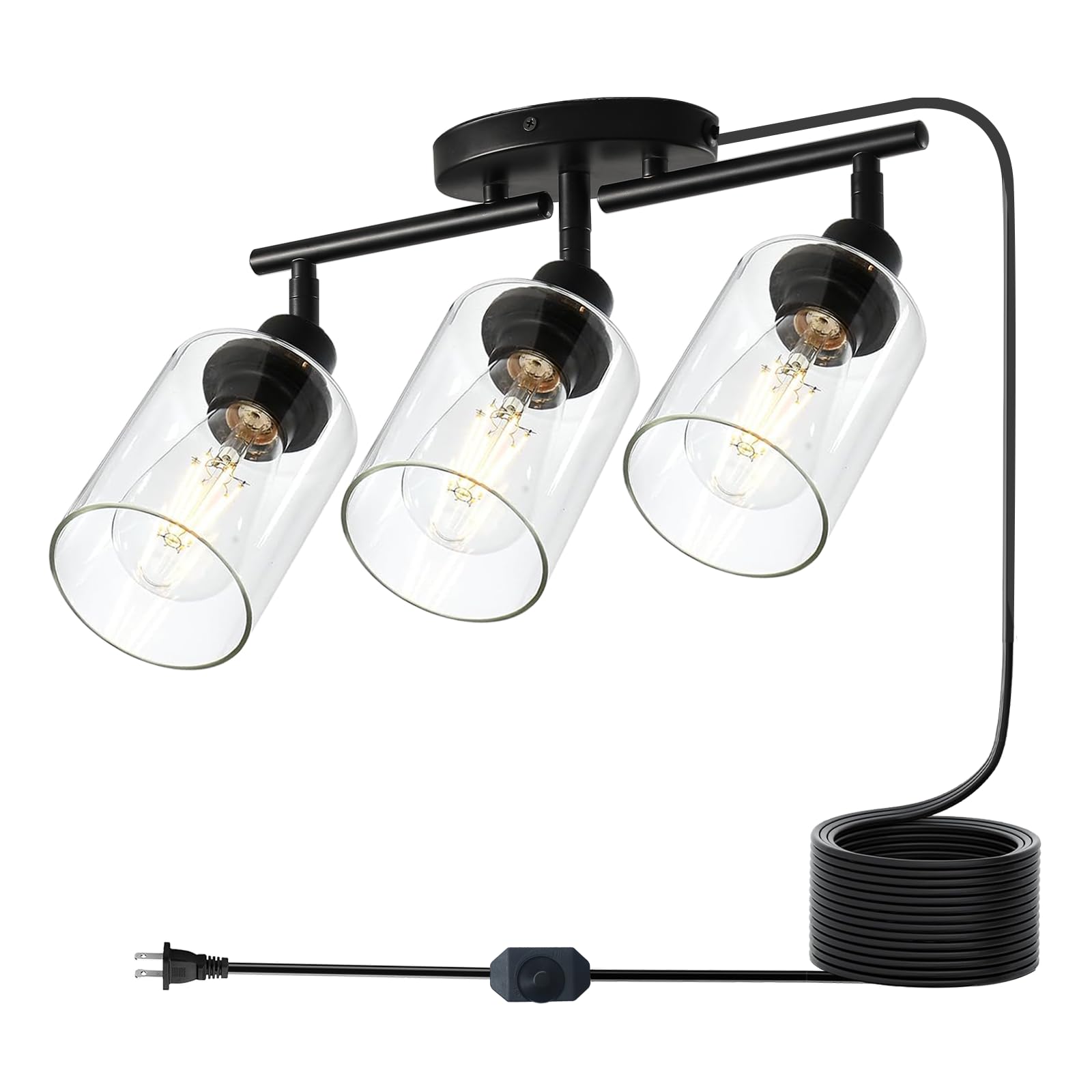 Photo 1 of Modern Dimmable 3 Light Plug in Ceiling Light ,Black Plug in Track Lighting Kit with 16.5' extra-long cord with switch,Clear Glass Shade,Flexibly Rotatable Light Head,Modern Industrial Farmhouse Style