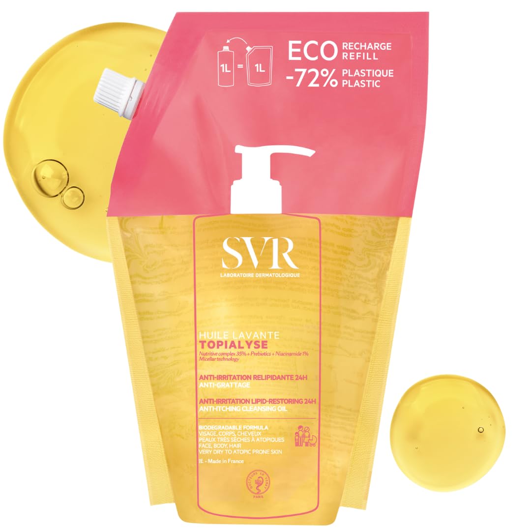 SVR TOPIALYSE All Over Micellar Shower Oil, Moisturising Eczema Body Wash, 24hr Hydration Emulsifying Soothing Bath Oil for Very Dry, Sensitive Skin, from Newborn and Up (1000ml, Eco-Refill)