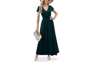 ANRILITA Maxi Dress for Women Wrap V Neck Short Sleeve Empire Pleated Waist Summer Casual Elegant Long Dress with Pockets