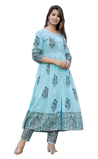 Women's Navy Blue Color Cotton Printed Kurti with Plazzo (Vanita Navy)