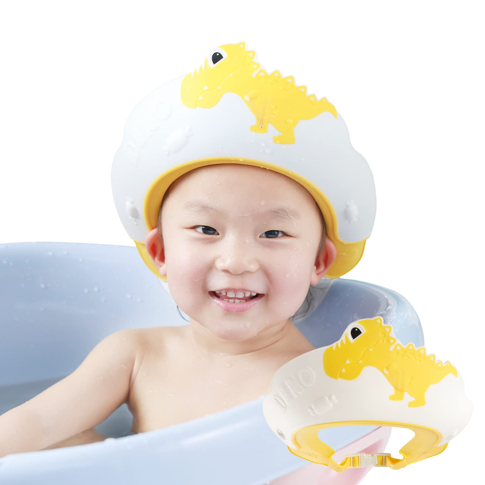 FUSACONY Baby Shower Cap Shield, Bath Hats for Kids, Baby Hair Washing Shield,Adjustable Children Shampoo Cap and Visor, Toddler Eyes and Ears Waterproof Hat Dinosaur (Yellow)