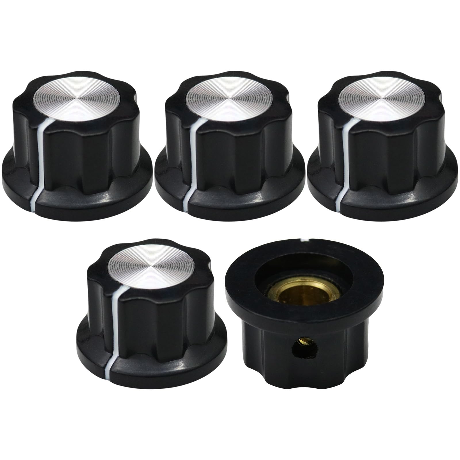6.4mm Round Hole Fluted Retro Style Silver Cap Amplifier/Instrument Control Knob Pack of 5 (Black/Silver)