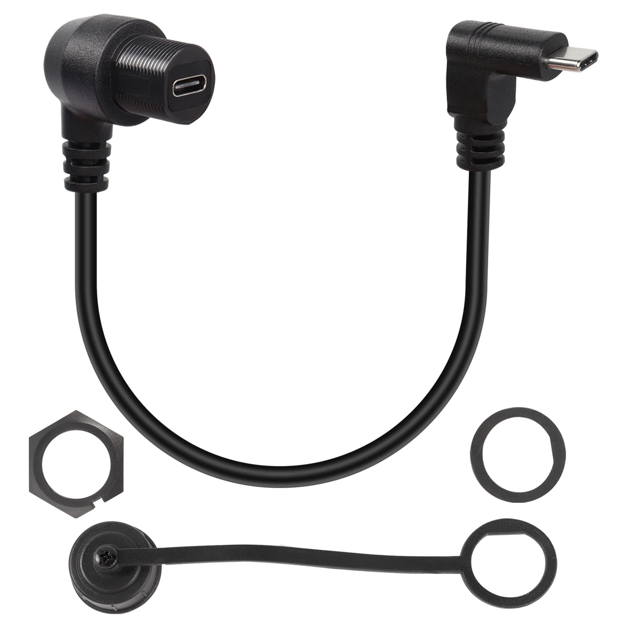 QIANRENON 90 Degree Angle USB C 3.1 Panel Flush Waterproof Cable 10Gbps Type C 3.1 Right Angle Male to Right Angle Female Extension Cable, Threaded to Dashboard or Panel, 30cm/11.8in