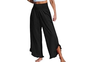 ZsaeSM Wide Leg Linen Pants for Women Smocked High Waisted Ruffle Hem Palazzo Pants Flowy Boho Beach Trousers with Pockets