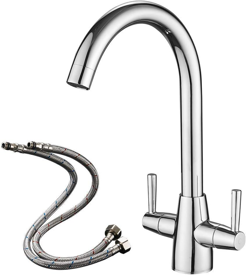 Heable Kitchen Mixer Tap Dual Lever Chrome Swivel Spout UK Fittings