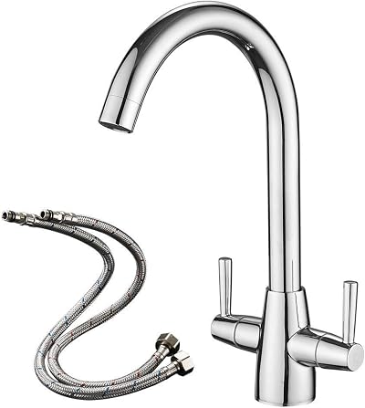Heable Kitchen Mixer Tap Dual Lever Chrome Swivel Spout UK Fittings