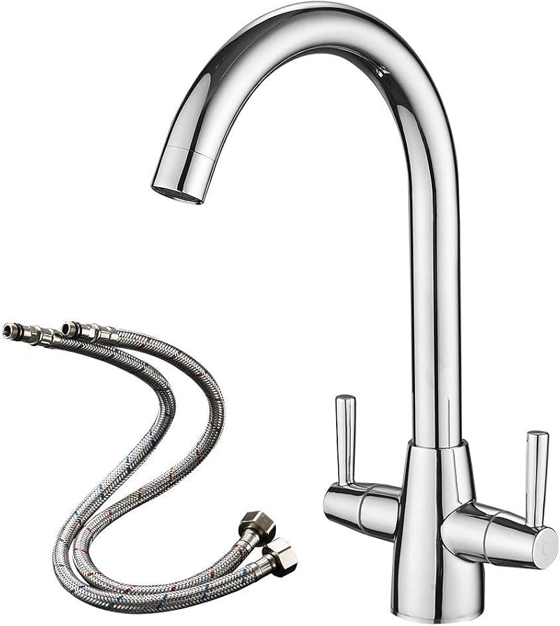 Heable Kitchen Mixer Tap Dual Lever Chrome Swivel Spout UK Fittings
