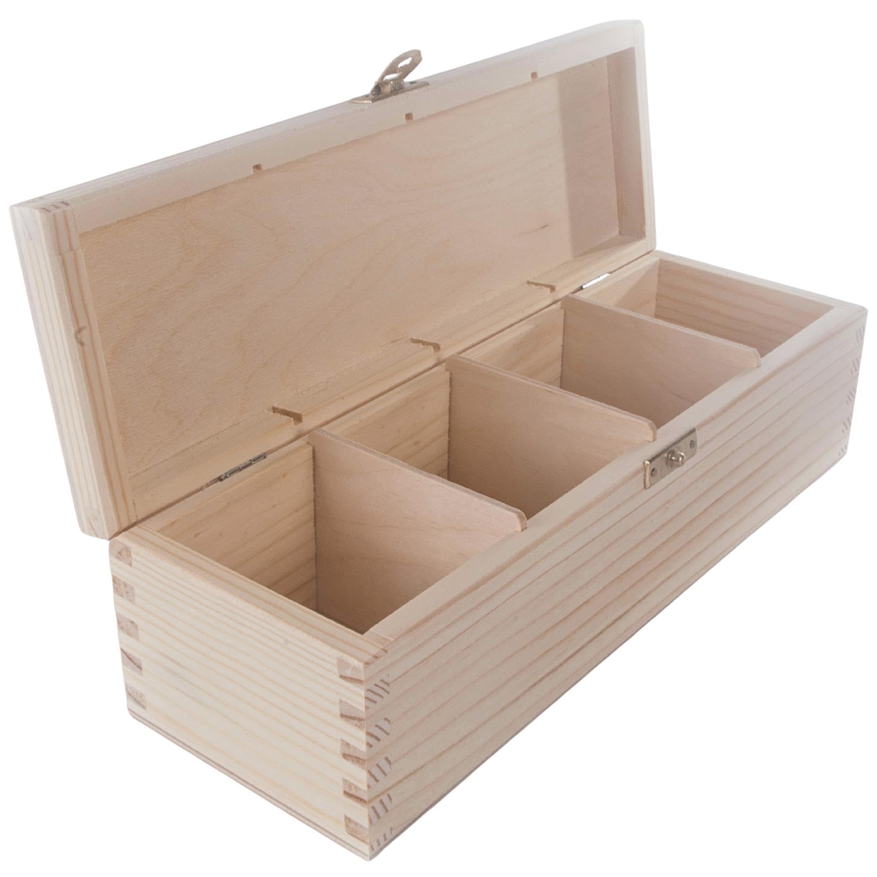 Rectangular Oblong Wooden Box with 4 Sections & Clasp | 28 x 9.3 x 8 cm | Accessories Storage Case Tea Bag Sewing Jewellery Caddy Organiser Divided Compartments | Unpainted Decorative Wood