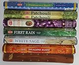 Six Most Popular HEM Incense Scents Of All Time, 120 Sticks Total, With Free Burner - 20 Sticks Each of Dragon's Blood, Frankincense & Myrrh, Patchouli, Precious Lavender, First Rain, and White Sage