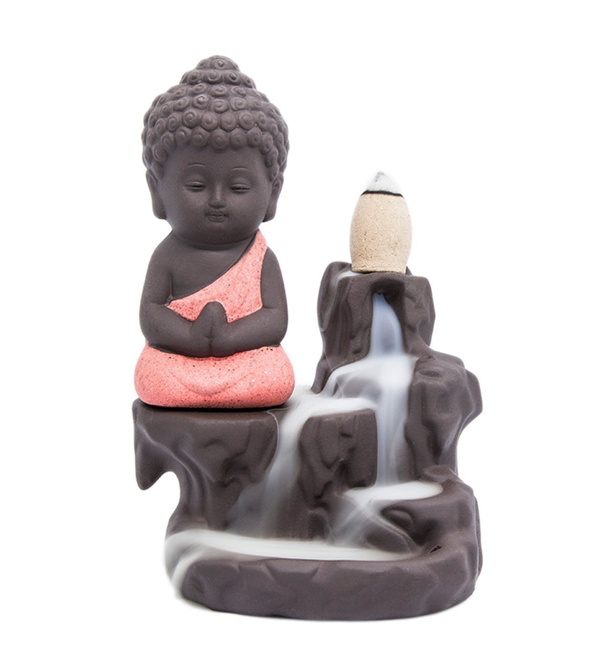 IN-001Red The Little Monk Waterfall Backflow Homemade Buddha Incense Burner Tower Cones Sticks Holder Ash Catcher