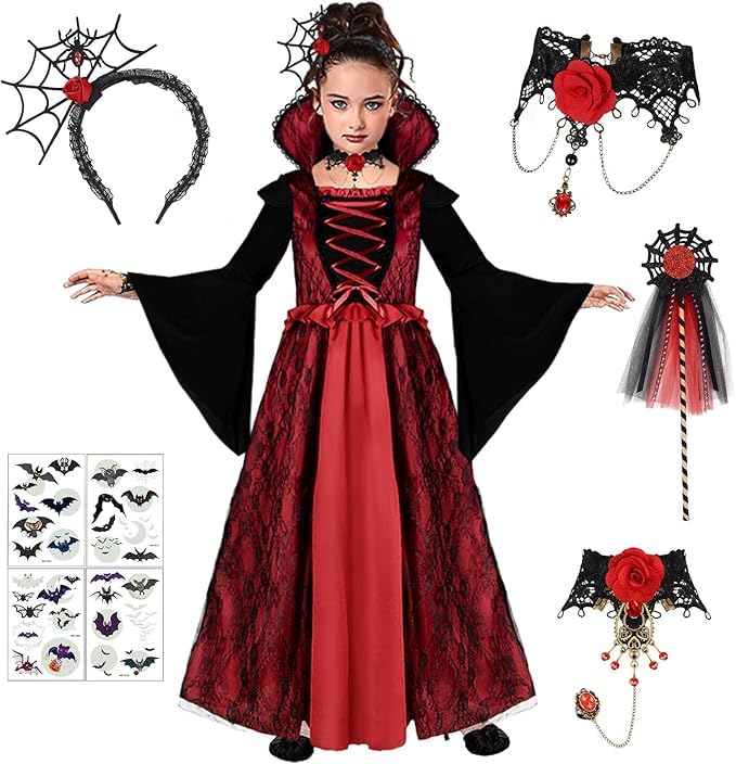 Photo 1 of SKEFOLI Vampire Costume for Girls, Dress Costumes for Kids Halloween Costumes Dress Up, Halloween Costume for Girls Cosplay Gothic Costumes with Necklace and Vampire Teeth for Party