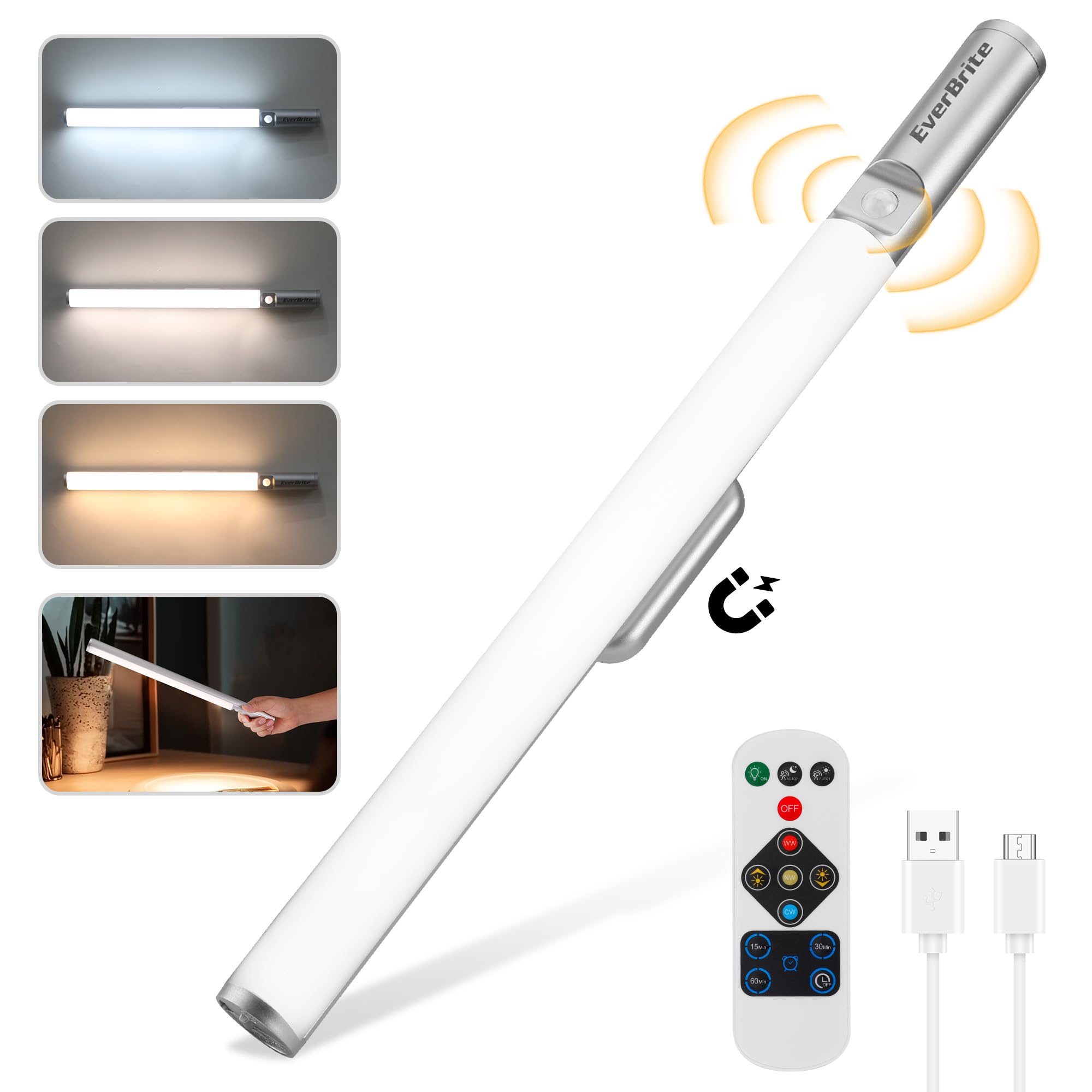 EverBrite Under Cabinet Kitchen Lights with Remote Control, 88 LED Motion Sensor Lights Indoor, 3 Color Temperature 3 Modes 2600mAh Rechargeable Wireless Cupboard Light for Stairs, Wardrobe, Hallway