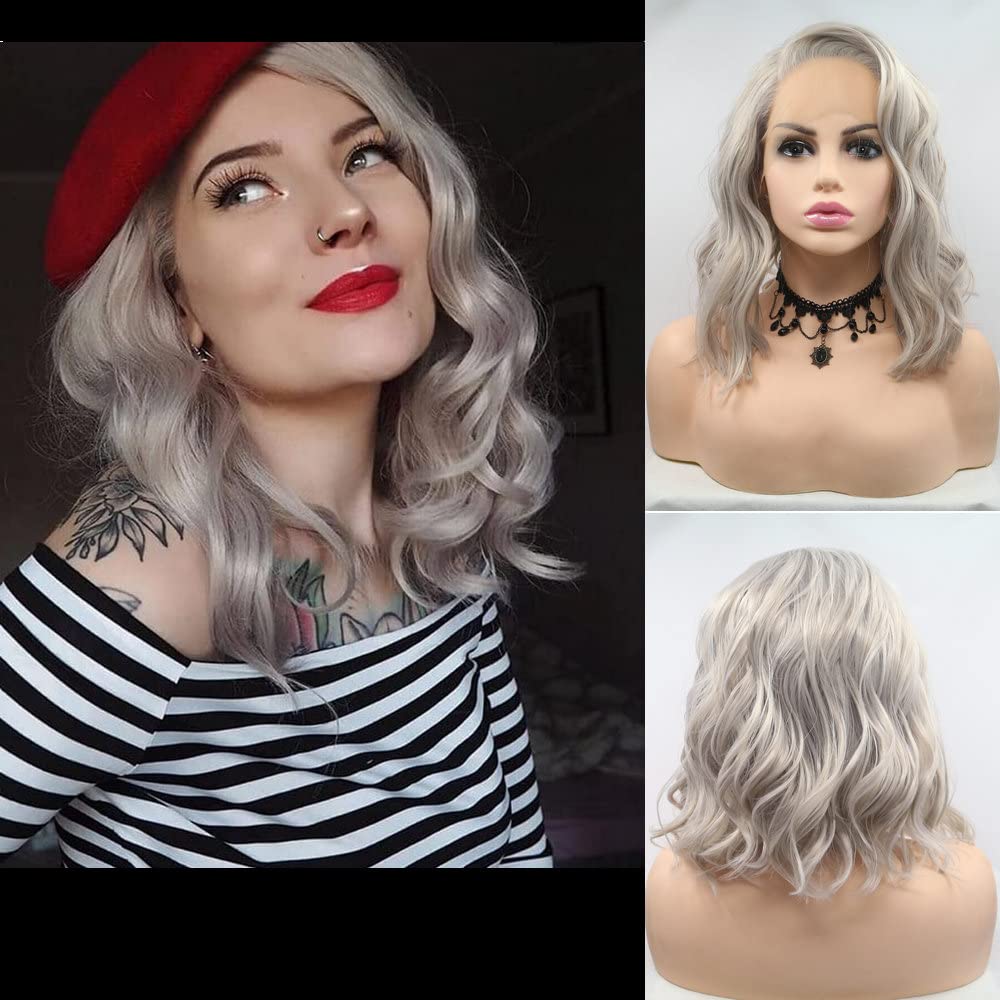 Shoulder Length Lace Front Wigs Short Bob Curly Wavy Wigs Pre Plucked Synthetic Heat Resistant Hair Natural Waves Daily Wigs for Women Cosplay (Silver Blonde)