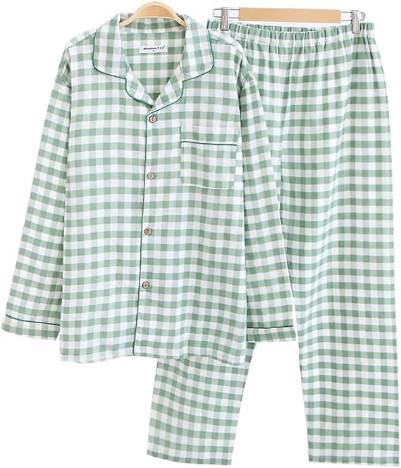 Amazon Nicias パジャマ メンズ レディース 夏春用 長袖 上下セット 寝間着 前開き 綿 チェック柄 紳士 ルームウェア メンズ Xl グリーン パジャマ 通販