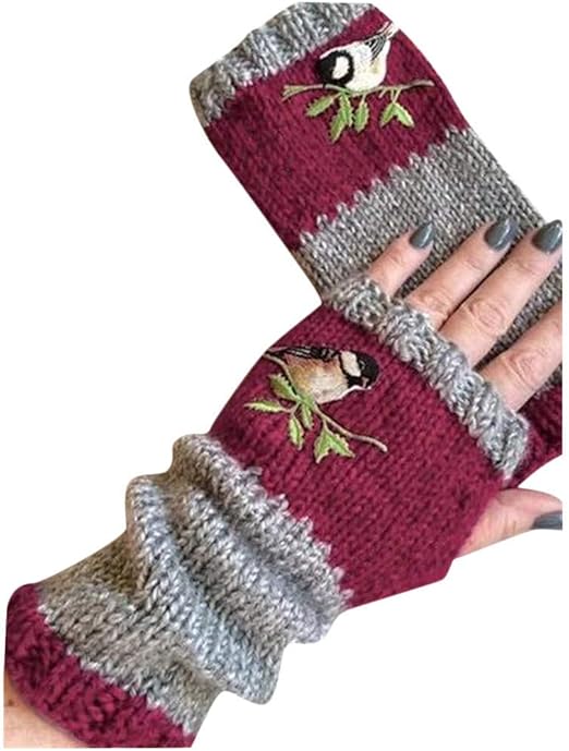 2 Pairs Female Bird Embroidered Gloves Knitted Fingerless Gloves Winter