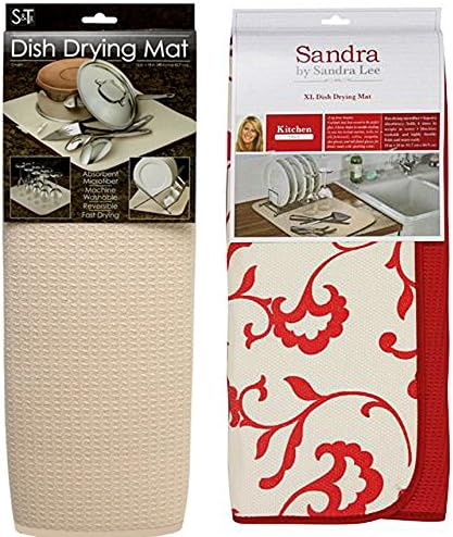 Sandra Lee X-Large Microfiber Dish Drying Mat Mesh, Red &amp; Cream Colored
