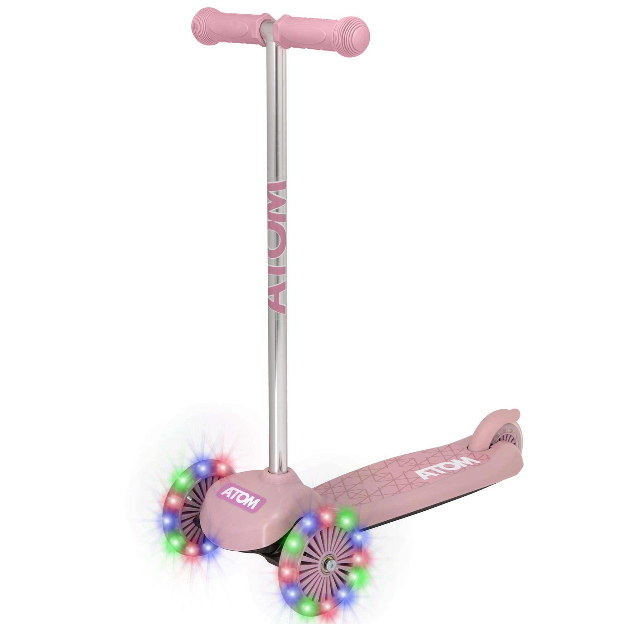 ATOM Pink 3-Wheel Light-Up Scooter for Kids Ages 2–5 | Tilt-to-Turn Balance Toy with LED Flashing Wheels | First Toddler Push Toy for Girls & Boys