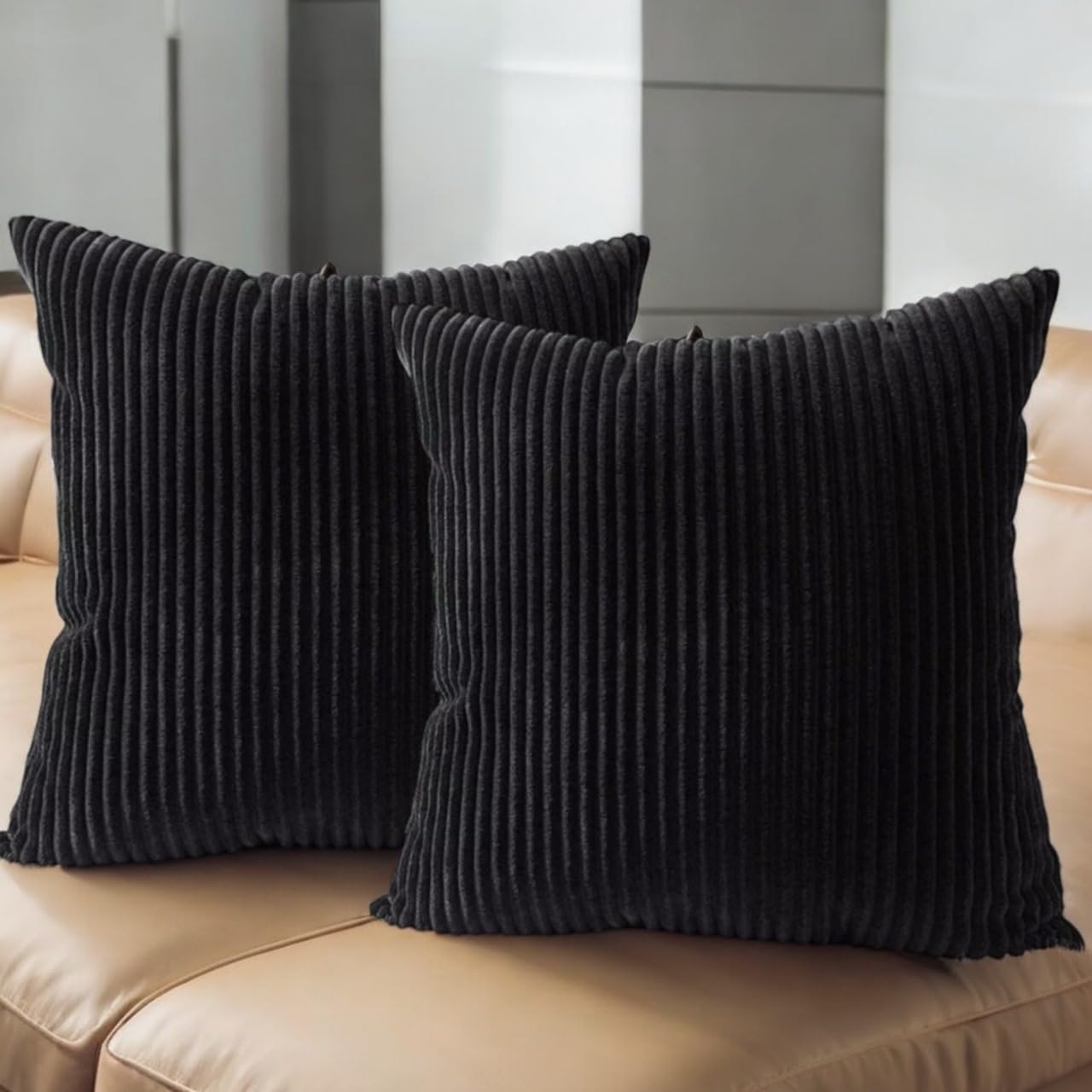 Seechoo Corduroy Cushion Covers, Set of 2, 45 x 45 cm, Striped, with Invisible Zipper, 18 x 18 Inch (Black)