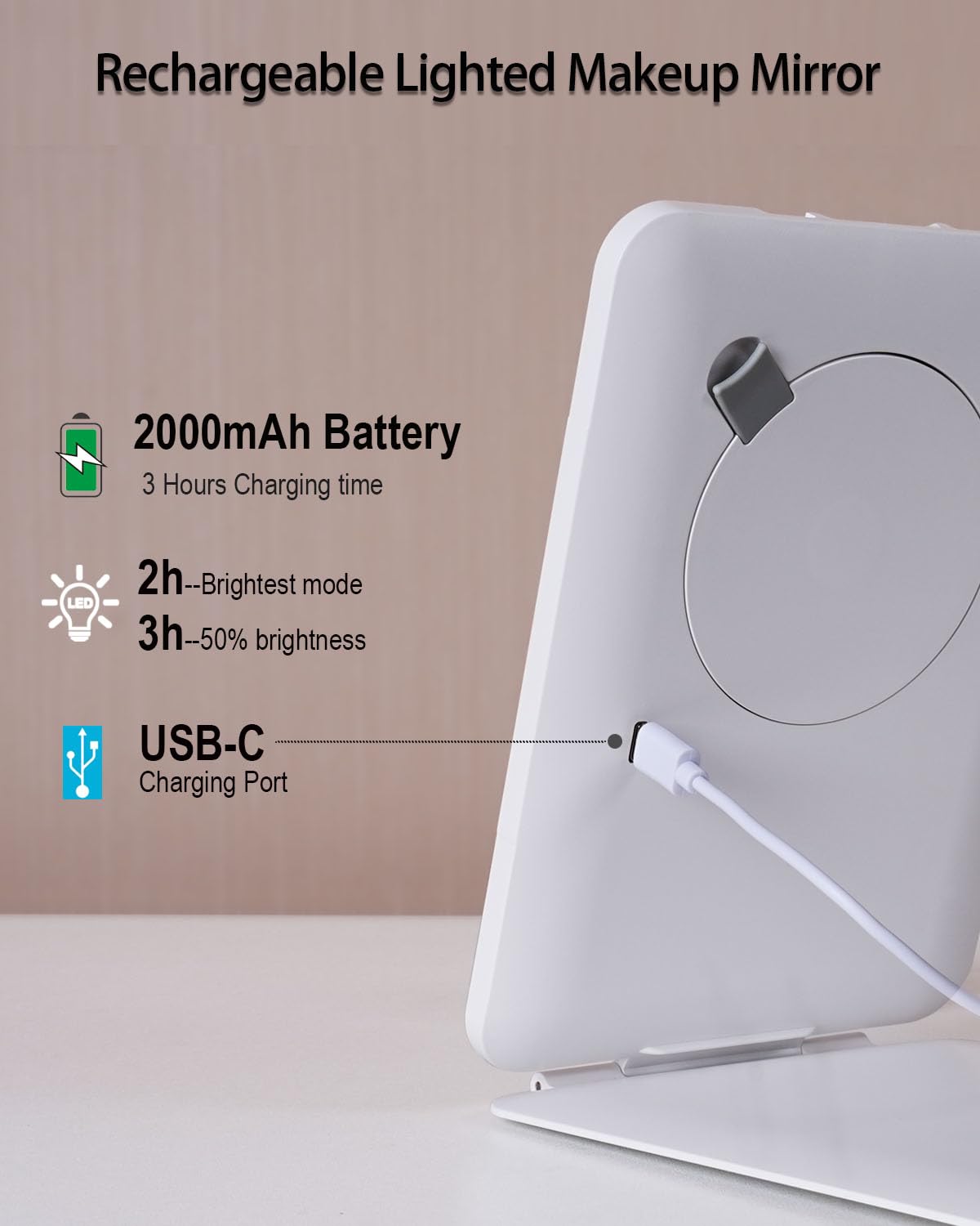 LUKYMIRO Rechargeable Travel Makeup Mirror with Lights, Portable Lighted Vanity 10X Magnification, 70 LEDs 3 Color Dimmable Touch Screen, Tabletop Folding Compact Cosmetic (White With 2000mah Battery)