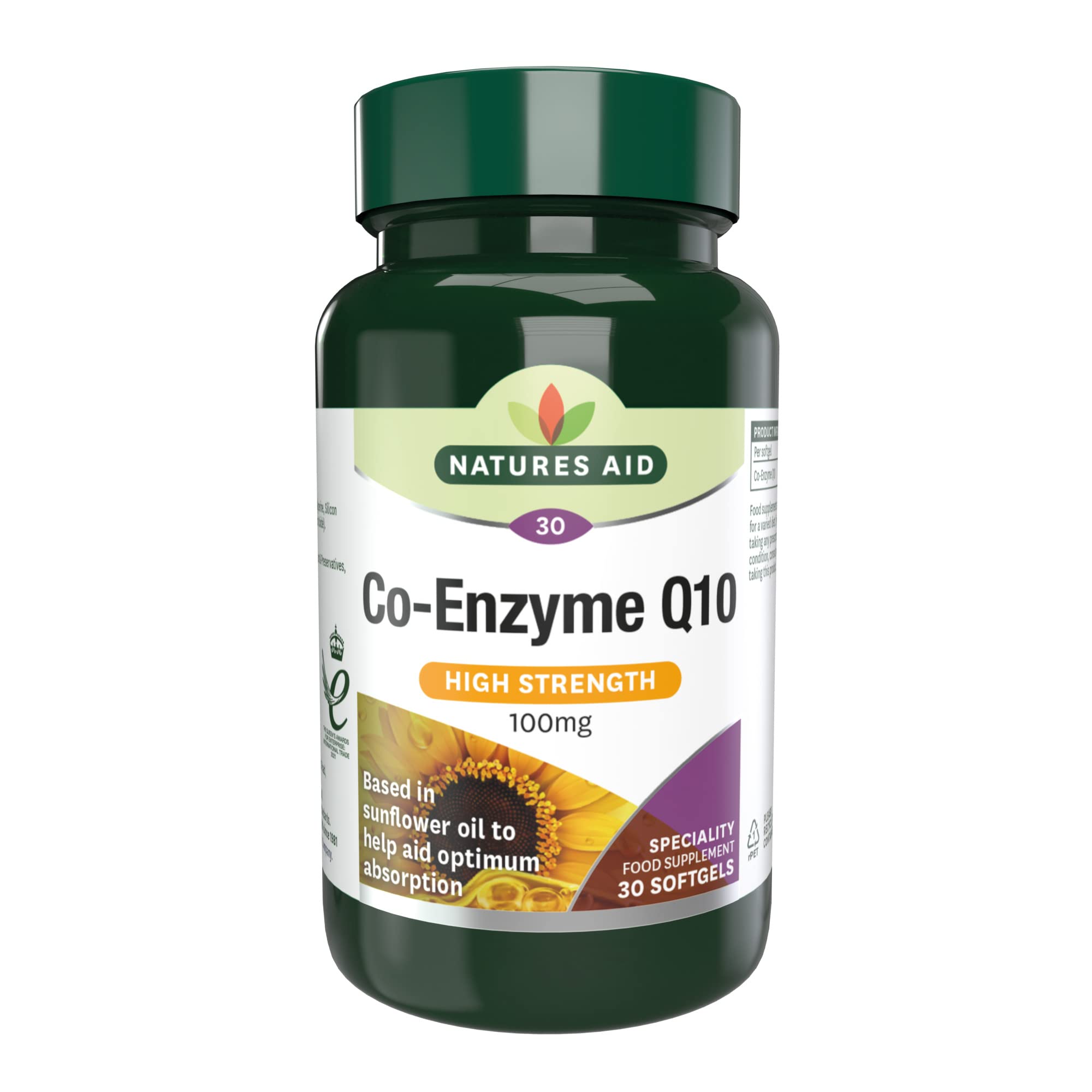 Natures Aid Co-Enzyme Q10 Co-Q-10 Tablets 100mg - Supports Heart Health Energy Production - High Potency Ubiquinone - Vegan Gluten Free Non-GMO - Pack of 30 Tablets