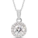 SAVEARTH DIAMONDS Center 6MM Round Cut Lab Created G-H Color Moissanite Diamond With Accents Halo Pendant Necklace In 14k Gold Over Sterling Silver, 18" Chain (0.90 Cttw, VVS1 Clarity)