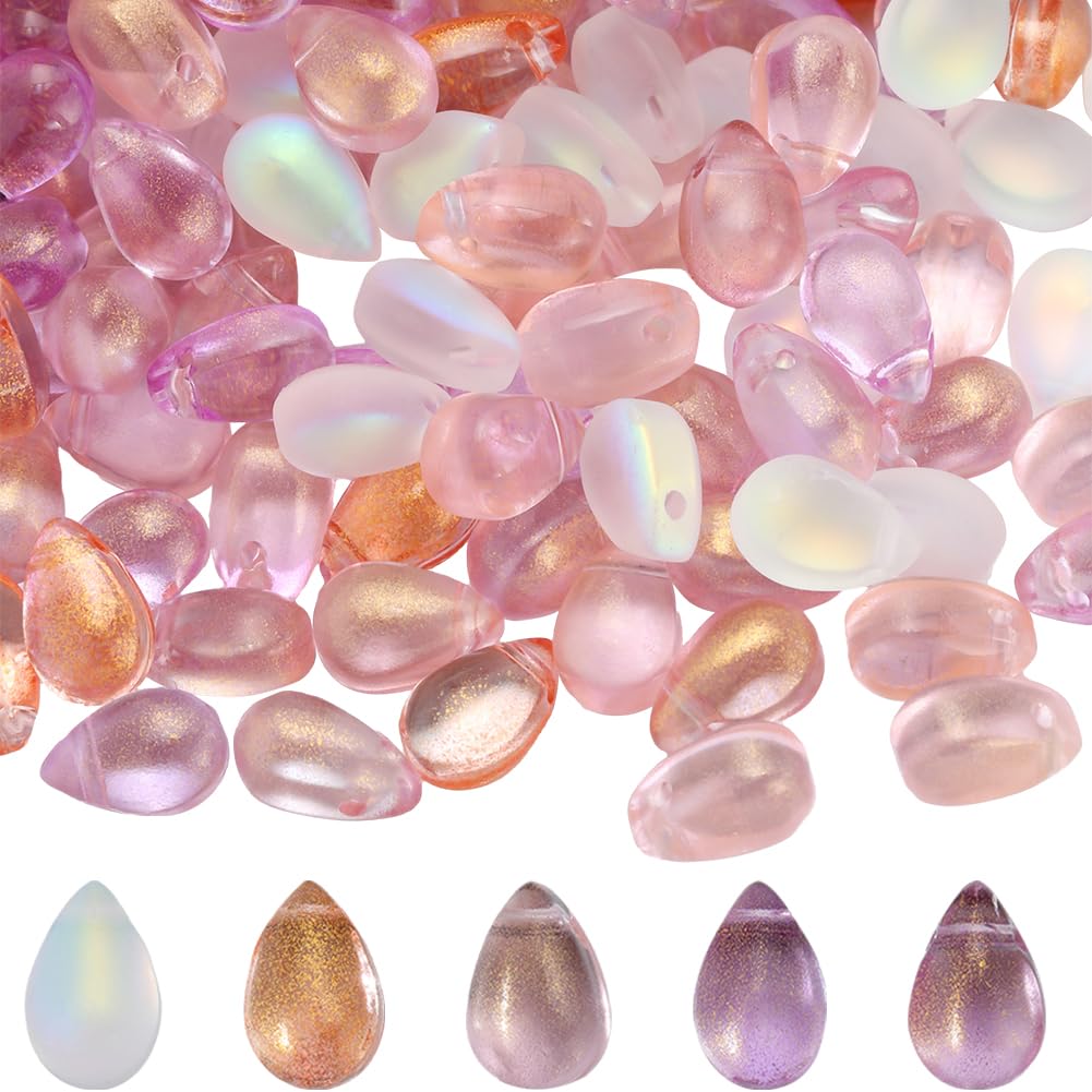 SUNNYCLUE 1 Box 150Pcs 5 Colors Glass Water Drop Beads Teardrop Bead Transparent Waterdrop with Glitter Powder Oval Colorful Loose Beads for Jewellery Making Bead Assortments DIY Bracelet Necklace