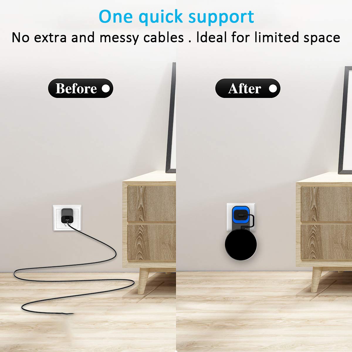 Echo Dot Wall Mount Outlet Hanger - Idealife Speakers Holder for Dot 2nd Generation Speaker Alexia Echo Dot Bracket Plug Mount with Alexa Short Charging Cable, Space-Saving Speaker Hanger (Black)