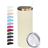 Metalya 20 oz Skinny Tumblers Bulk, Stainless Steel Insulated Tumbler with Lids and Straws, Slim Double Wall Powder Coated Travel Coffee Mugs, Reusable Cup for Hot and Cold Drinks (Cream,1 pack)