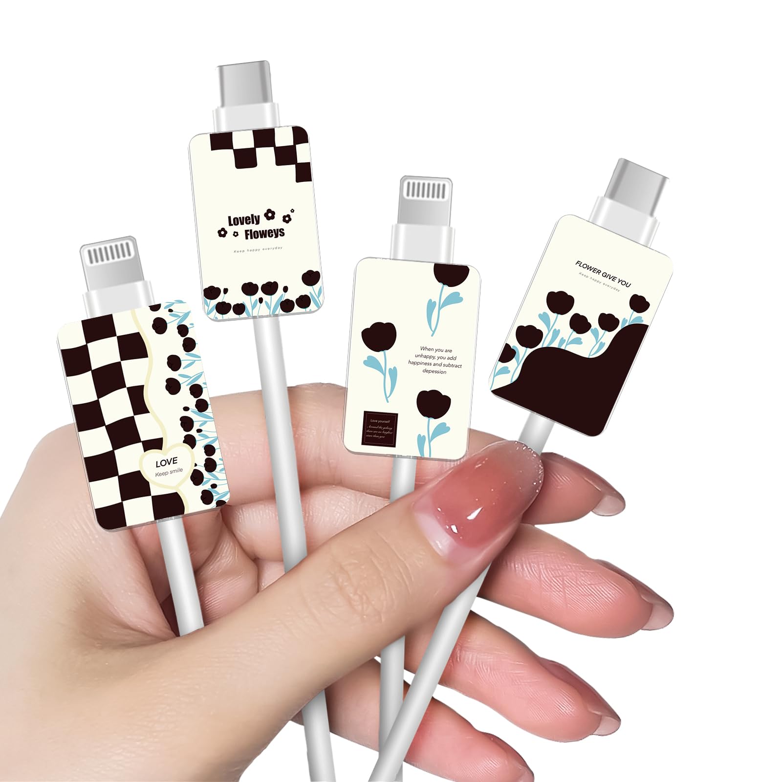 Cute Cable Protector Compatible for iPhone Type-c, Pretty Tulip Flowers Design Pattern 4pcs Soft USB Cable Protector, Charging Cord Protector,Cable Chomper,Cord Saver for Women Girls