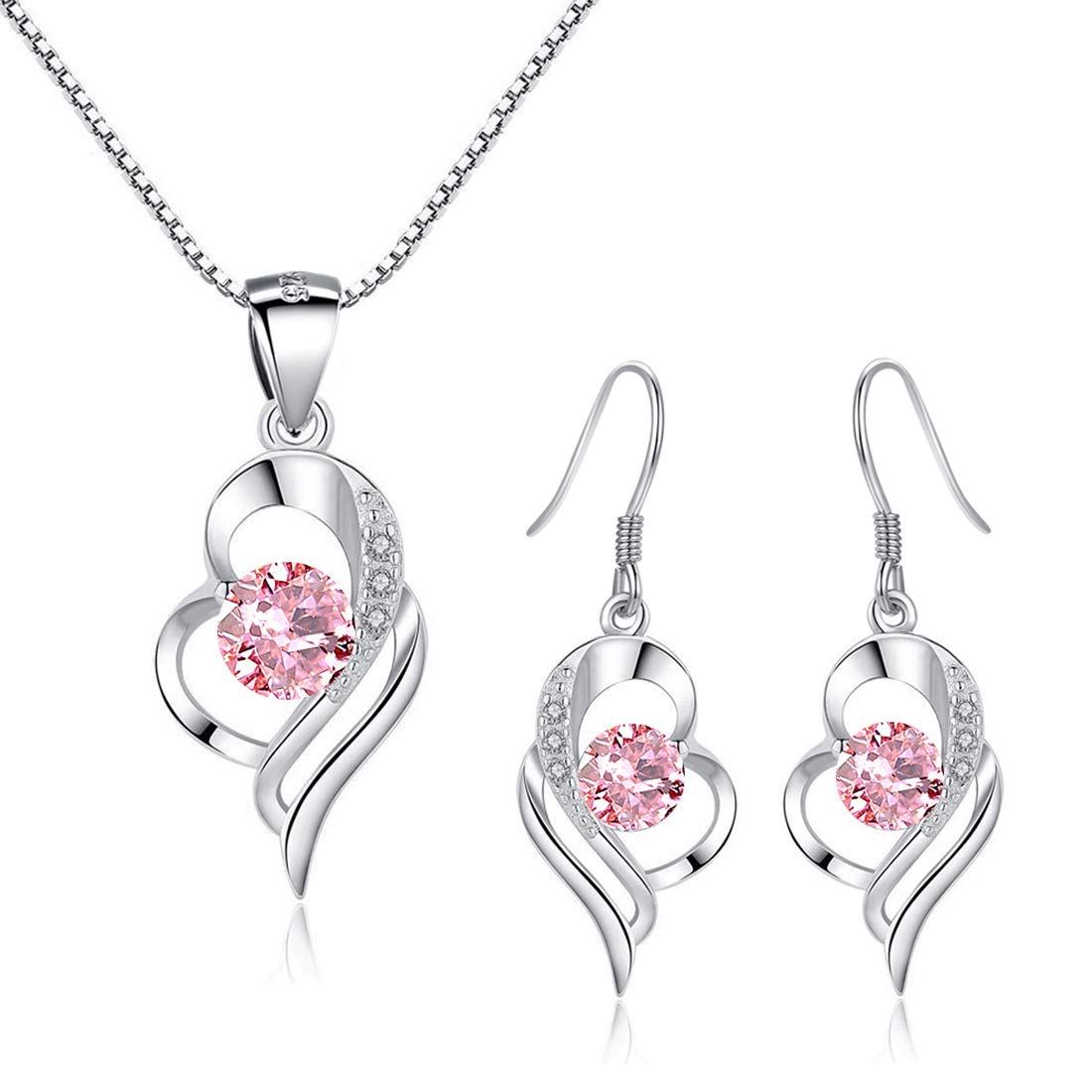 Kamise Jewellery Set for Women, 925 Sterling Silver Heart Pendant Necklace & Hook Drop Earrings with Pink Zirconia, Hypoallergenic Heart Teardrop Women's Jewellery Sets, Classical Jewelry for Women