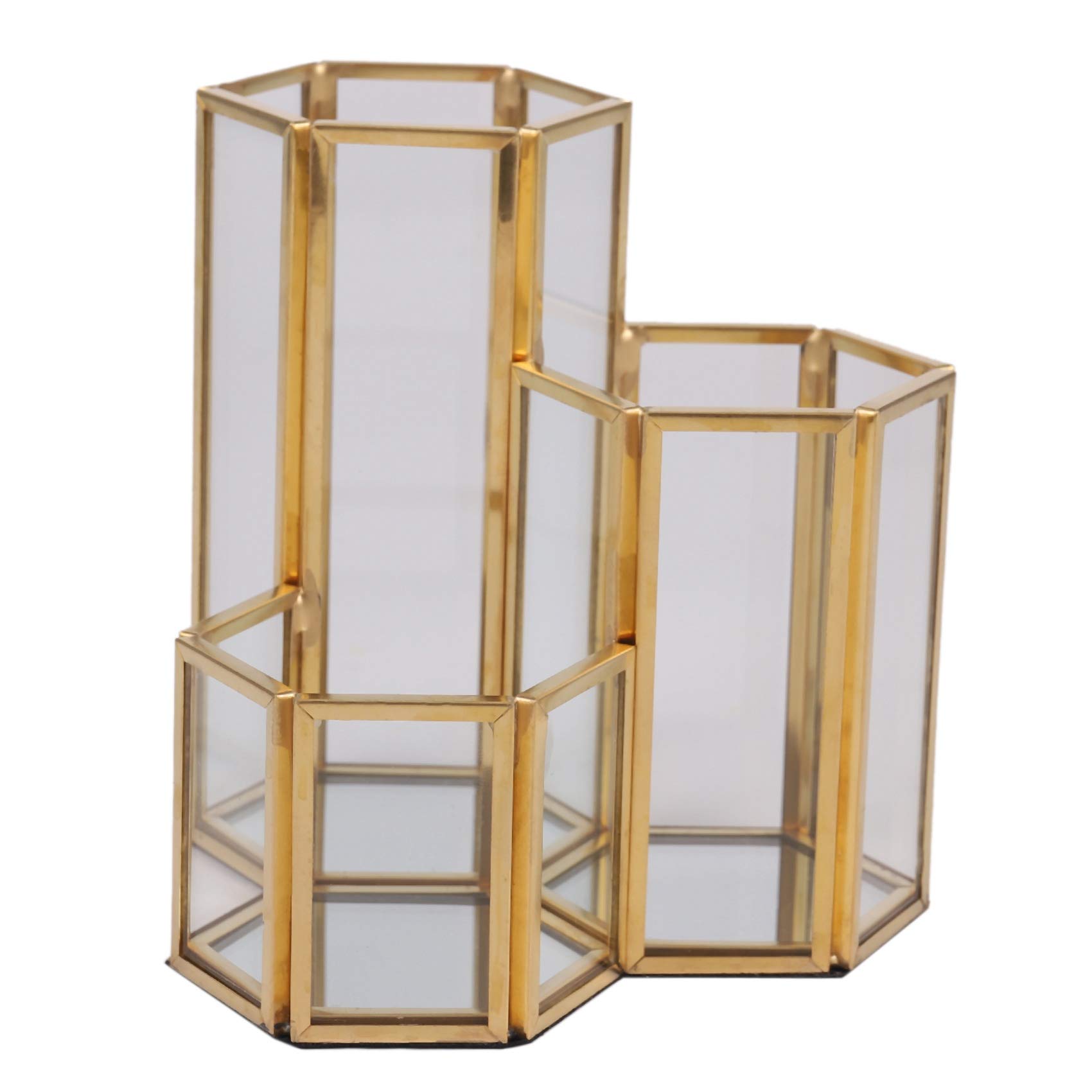 Fhjsyeirly Glass Copper Hexagon Composite Pen Holder Makeup Brush Glass Box Multifunction Desktop Organizer Office Accessories