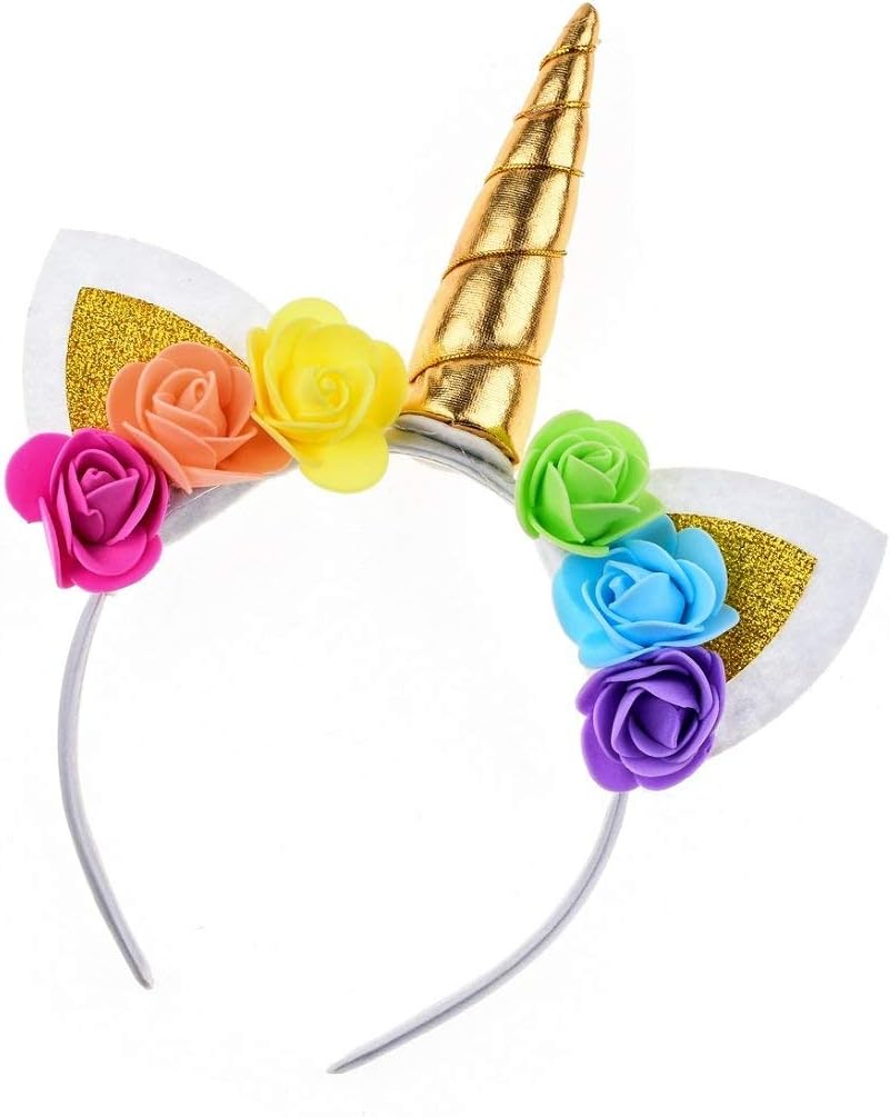 Shiny Unicorn Horn Ears Flower Headband Cosplay Costume Easter Headpiece