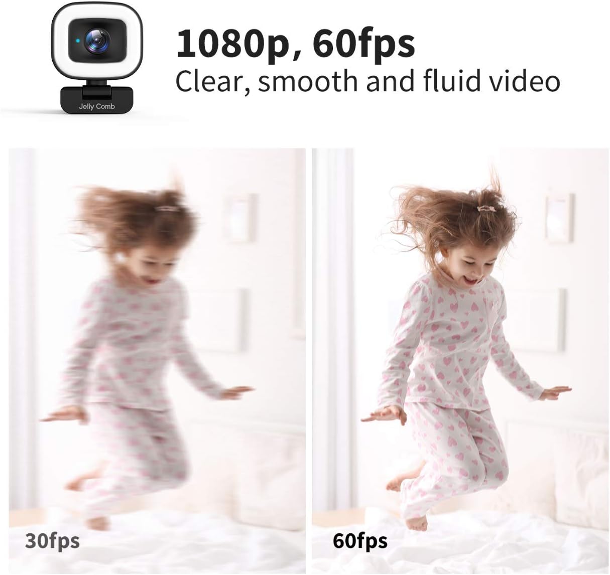 60FPS Webcam with Ring Light, Jelly Comb Auto-Focus HD 60FPS, 1080P Web Camera with Dual Microphone and Privacy Cover for YouTube, Skype, Zoom, Twitch, OBS, Xsplit and Video Calling, W15 : Electronics